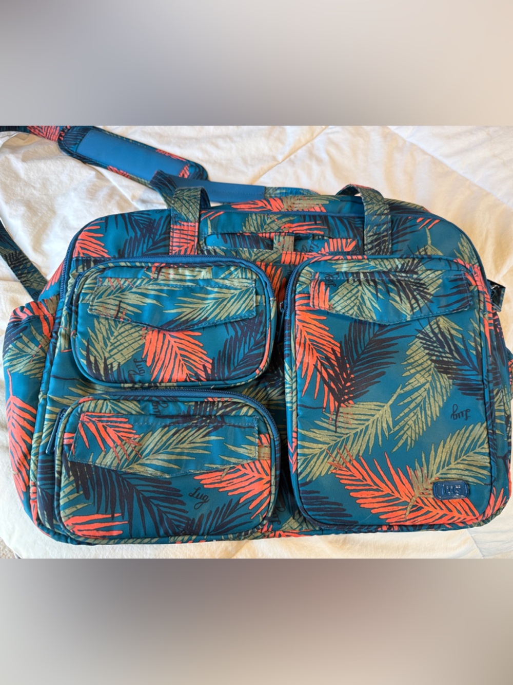 LUG Teal Tropical Leaf Travel Bag with Coral & Olive Accents